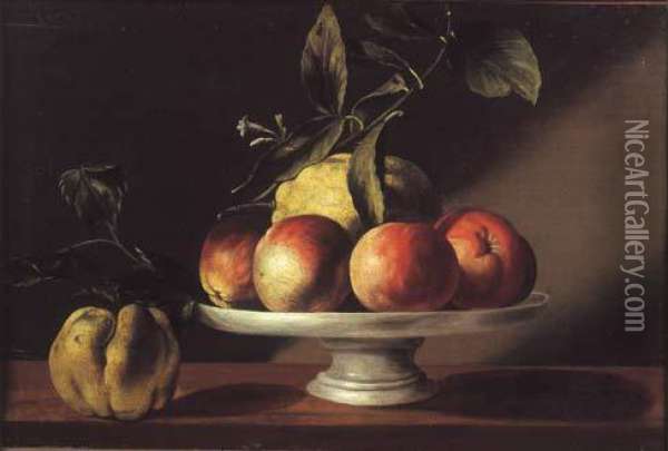 600x405 Nature Morte Au Plat De Fruits Pose Sur Un Entablement Oil - Nature Morte Painting