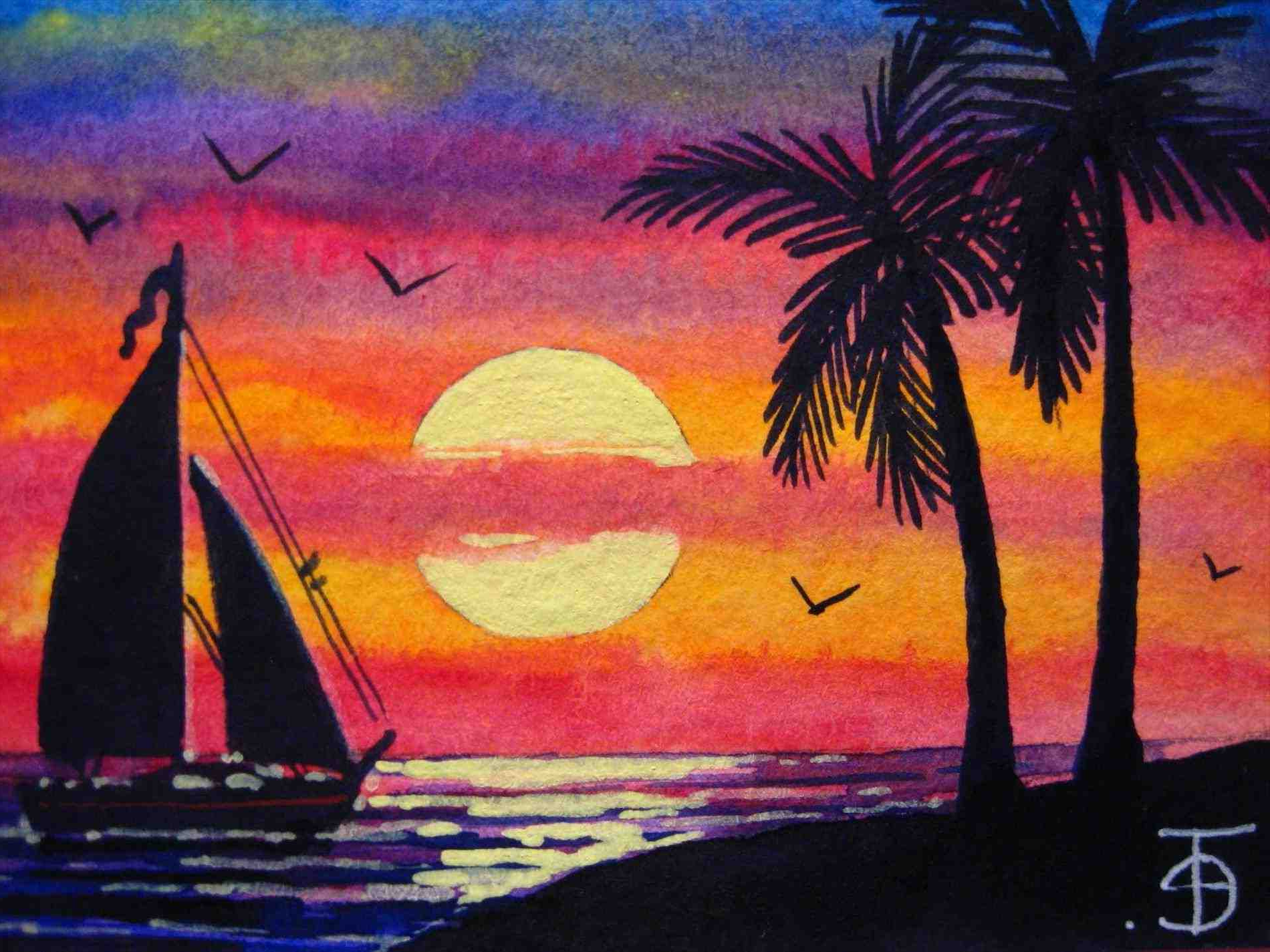 An easy nature night view scenery painting || Sunset Acrylic painting ||  Sun in the dark scenery || - YouTube