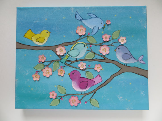 570x427 Sale Acrylic Painting Childrens Art Bird Painting Original - Nature Painting For Kids