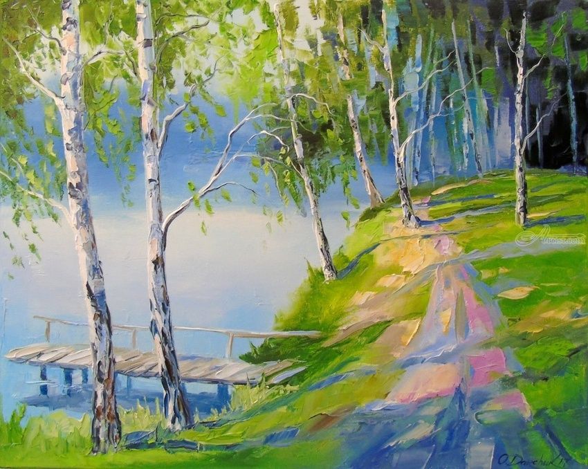 850x678 Birch On The River Paintings By Olha Darchuk - Nature Painting On Canvas