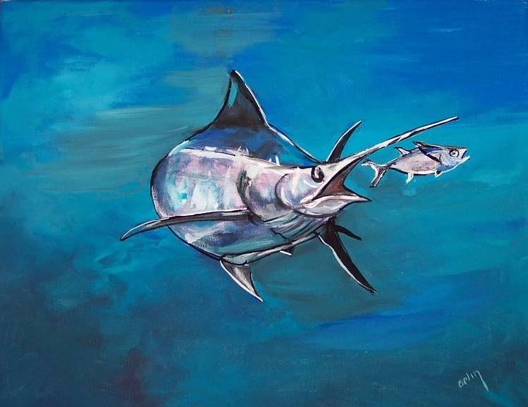 749x577 Marlin Chasing Dinner Deep Sea Nautical Oil Painting Painting By - Nautical Oil Painting