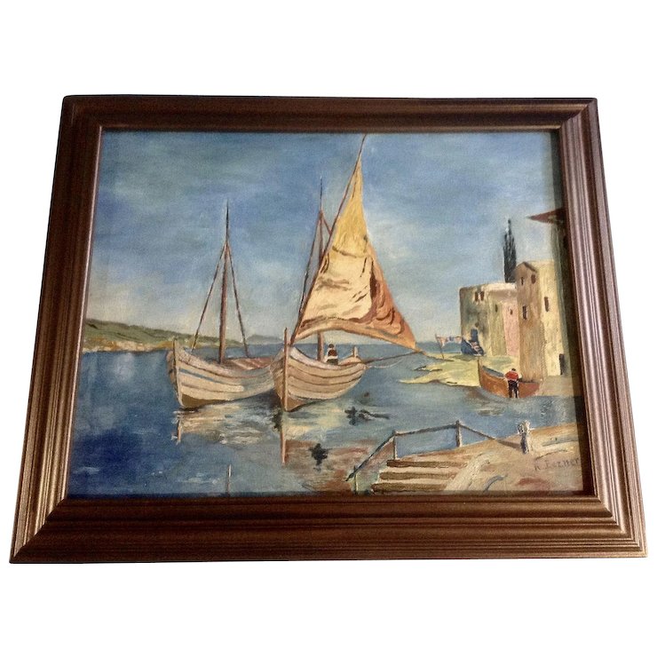 740x740 R. Bezner Nautical Sailboats Oil Painting On Board Signed By - Nautical Oil Painting