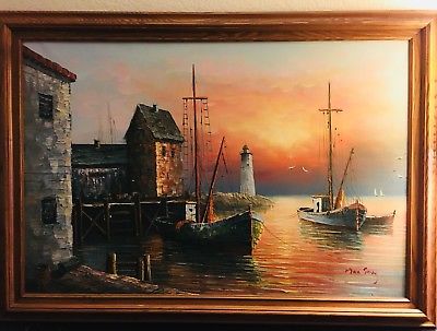 400x303 Harbor Serene Scene Boats Nautical Oil Painting Max Savy - Nautical Oil Painting
