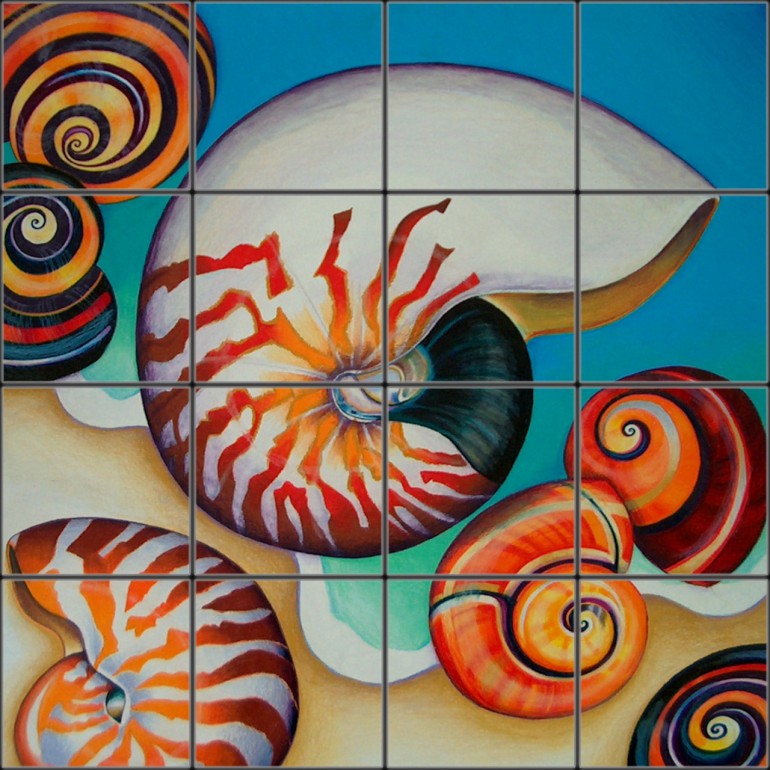 770x770 Nautilus Shell And Caribbean Sea Decorative Ceramic Tile Mural - Nautilus Shell Painting
