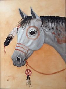 225x300 Navajo Canvas Painting 30x24 War Horse By World Renowned Artist - Navajo Painting