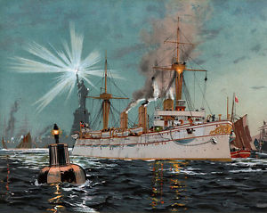 300x239 Wwii Naval Battle Ship With Statue Of Liberty Painting Real Canvas - Naval Battle Painting