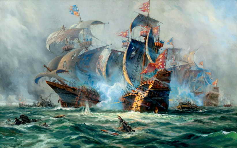 822x515 Best Gift Home Decor Ship Naval Battle Oil Painting Picture - Naval Battle Painting