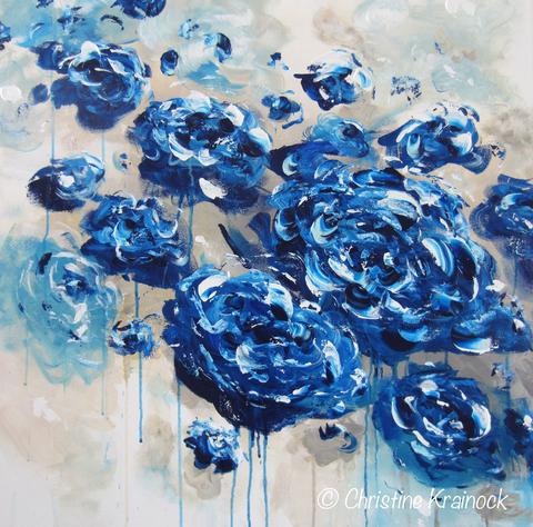 480x474 Canvas Print Large Art Blue Abstract Blue White Flowers - Navy Blue Painting