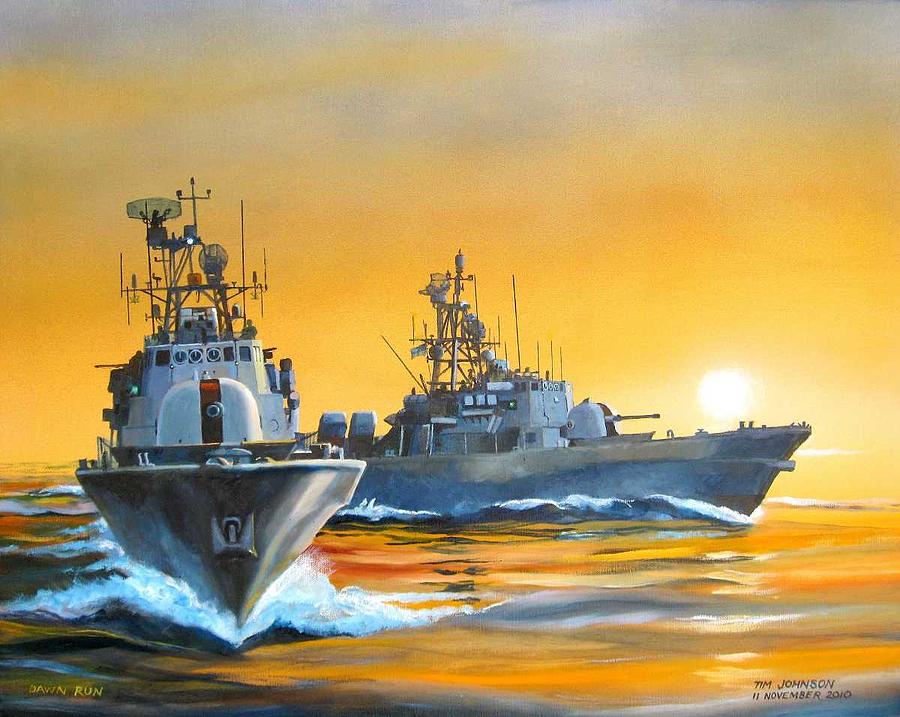 900x717 Dawn Run Painting By Tim Johnson - Navy Painting