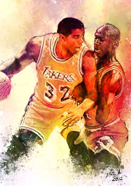 459x650 Magic Johnson Vs Michael Jordan, Lakersulls Nba By Edward Vela - Nba Painting