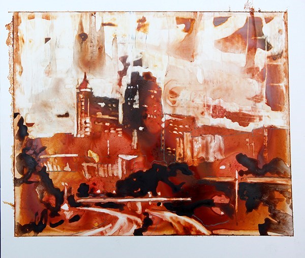 600x507 Semi Abstract Watercolor Painting Of Downtown Raleigh, Nc Skyline - Nc Painting