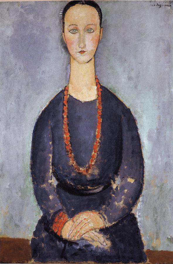 590x900 Woman With A Red Necklace Painting By Amedeo Modigliani - Necklace Painting