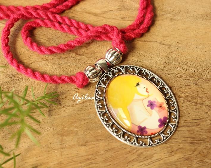 709x564 Modern Woman Painting Pendant, Maroon Thread Necklace - Necklace Painting