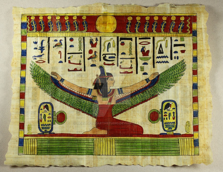 900x693 Egyptian Papyrus Drawing Winged Goddess By Beautifulearthstudio - Nefertiti Papyrus Painting