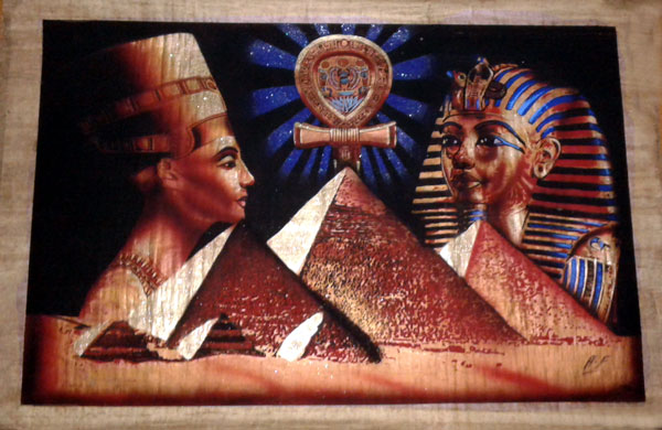 600x390 Egyptian Papyrus Painting Nefertiti, Key Of Life And Mask Of King - Nefertiti Papyrus Painting