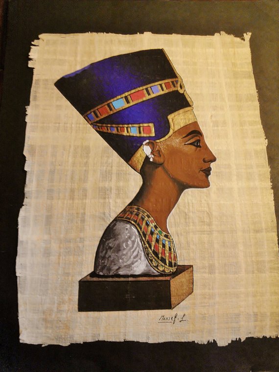 570x760 Vintage Hand Painted And Signed Egyptian Papyrus Queen - Nefertiti Papyrus Painting