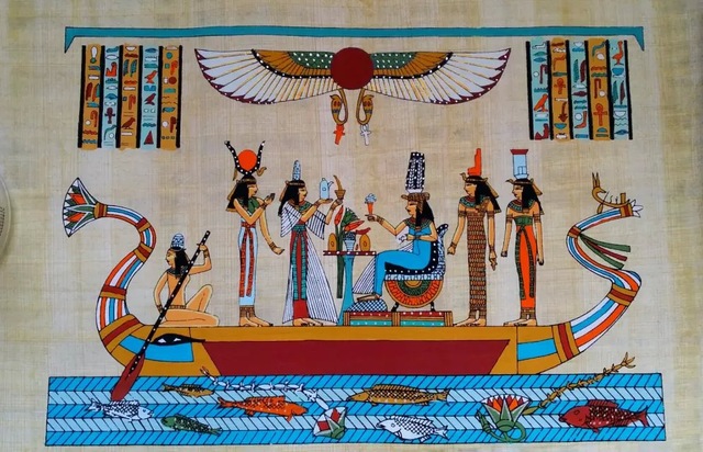640x412 Wall Art Egyptian Papyrus Queen Nefertari On Boat Hand Painted - Nefertiti Papyrus Painting
