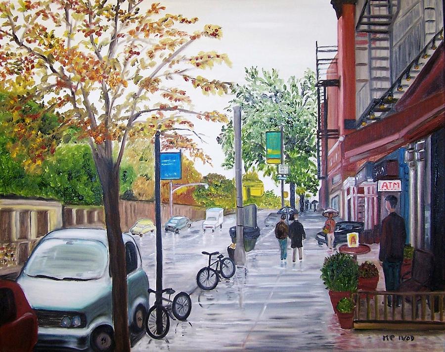 900x711 New York Neighborhood Under Rain Painting By Madeleine Prochazka - Neighborhood Painting