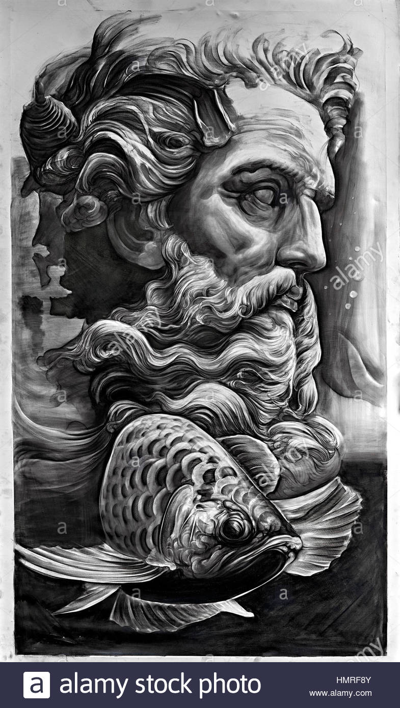 785x1390 Black And White Painting Of Neptune, Greek God Of The Sea Stock - Neptune God Painting