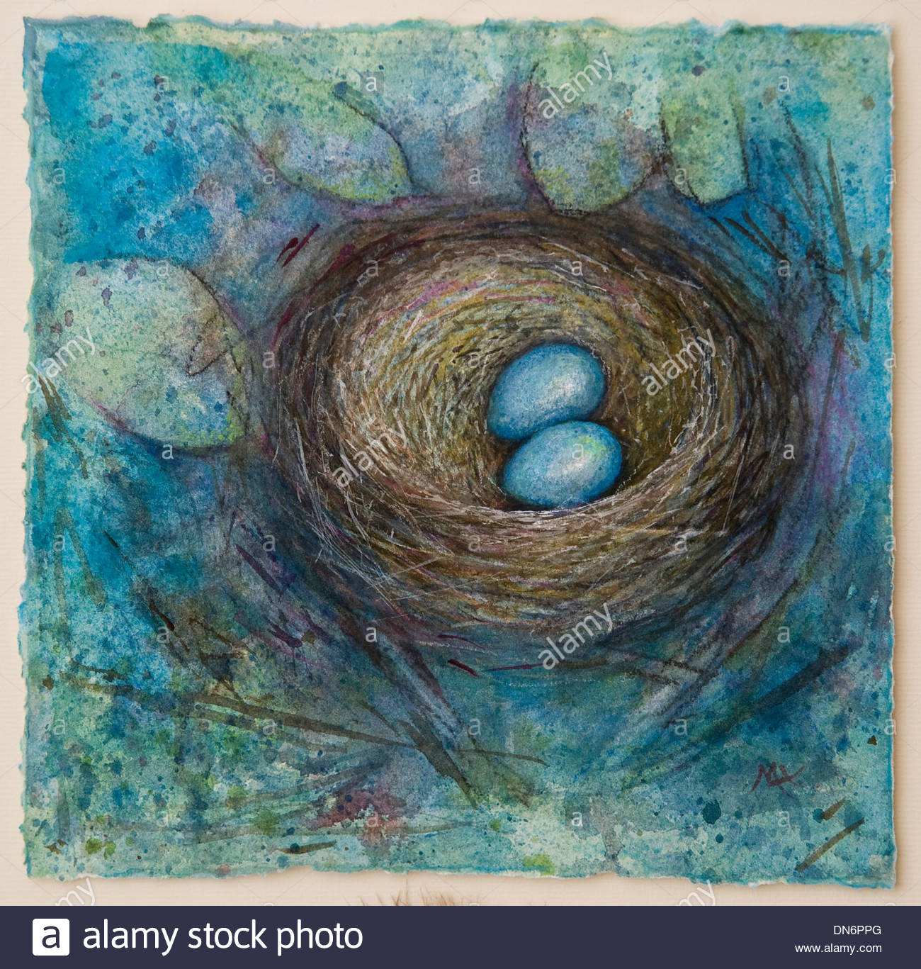 1300x1367 Painting Of A Robin's Nest With Two Eggs In It Stock Photo - Nest Painting