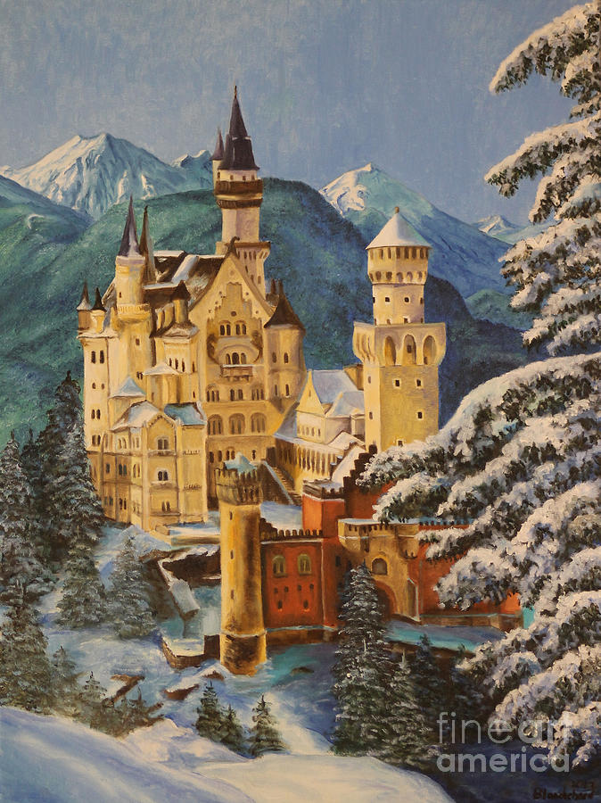 674x900 Neuschwanstein Castle In Winter Painting By Charlotte Blanchard - Neuschwanstein Castle Painting