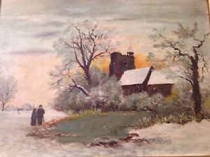 300x225 Antique New England Folk Art Winter Scene Painting Snow Church - New England Painting
