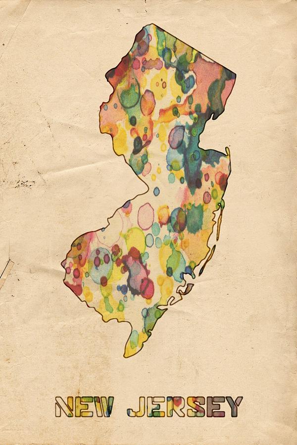 600x900 New Jersey Map Vintage Watercolor Painting By Florian Rodarte - New Jersey Painting