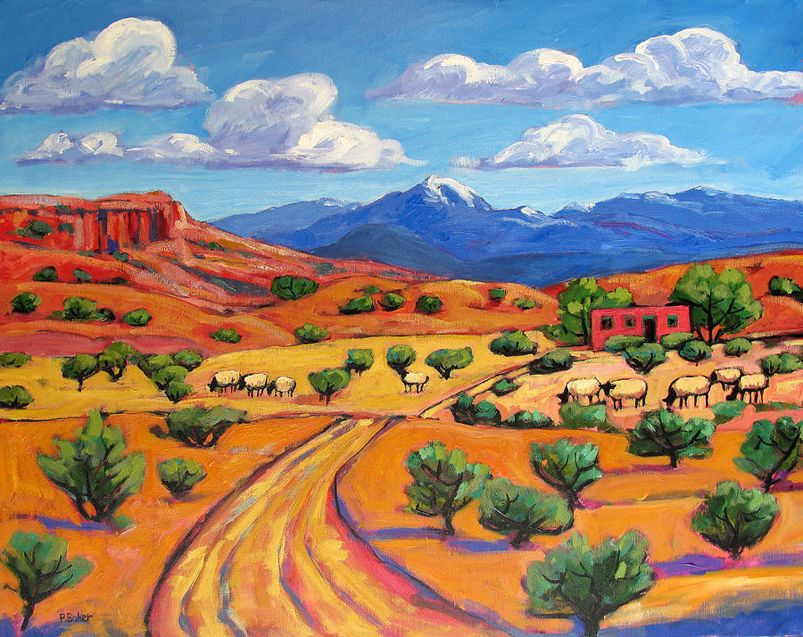 900x714 New Mexico Landscape With Sheep Painting By Patty Baker - New Mexico Painting