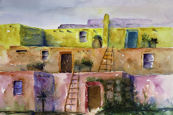 570x381 Adobe New Mexico Santa Fe Southwest Colorful Native Painting - New Mexico Painting