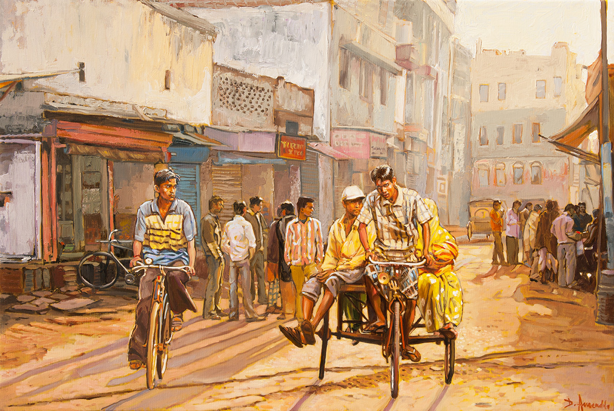 1200x803 New Oil Painting By Dominique Amendola North India Street Scene - New Oil Painting