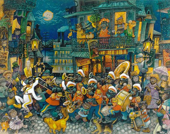 585x460 New Orleans Jazz By Bill Bell ~ Whimsical Musical Cats Music - New Orleans Jazz Painting