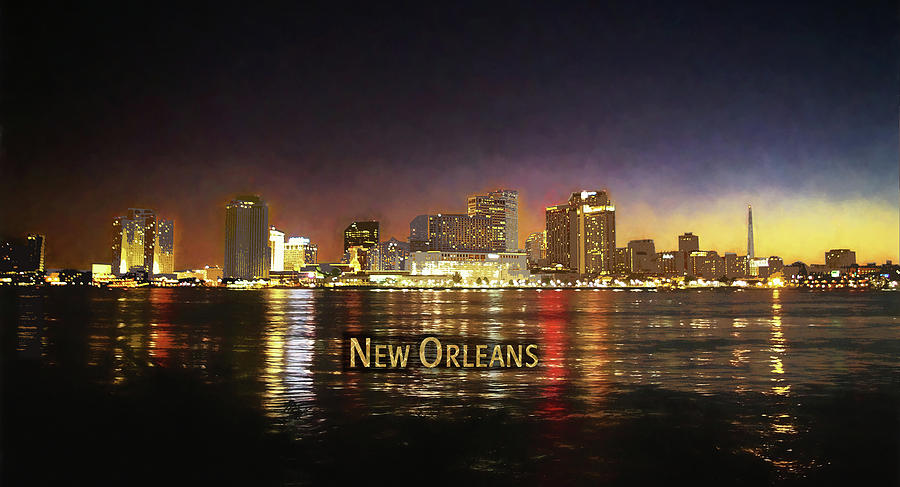 900x487 Nighttime Skyline Of New Orleans Text New Orleans Painting By - New Orleans Skyline Painting