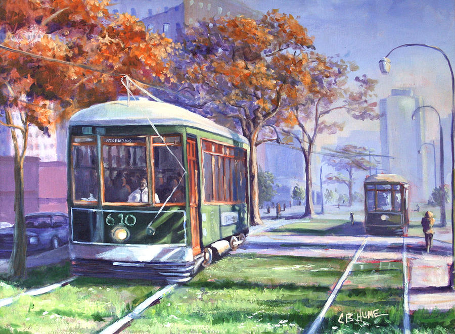 900x661 Streetcars Uptown New Orleans Painting By Cb Hume - New Orleans Streetcar Painting