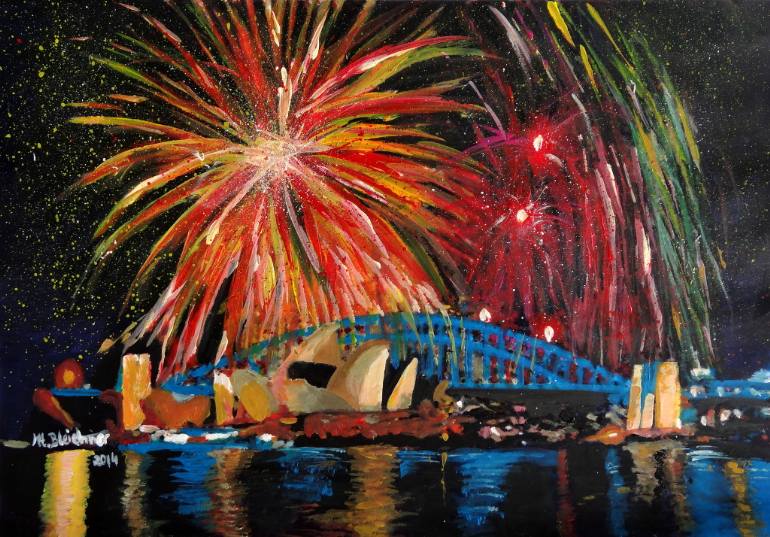 770x537 Saatchi Art Sydney Silvester Fireworks At New Year Painting By M - New Year Painting