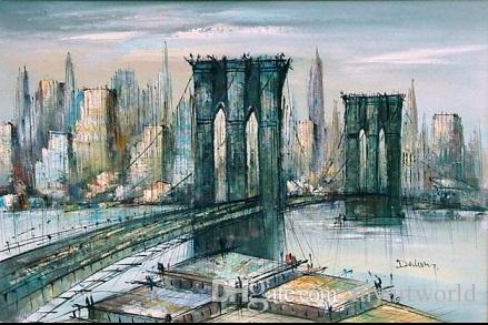 439x293 Framed Brooklyn Bridge New York City Large Mid Century Modern - New York City Painting