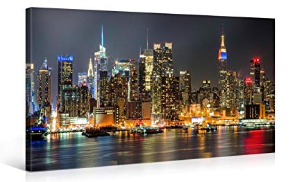 425x263 Manhattan City Wall Art For Home Decor Night Lights - New York City Painting On Canvas