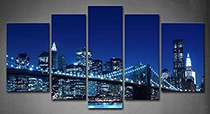 425x232 5 Panel Wall Art Blue Brooklyn Bridge Manhattan - New York City Skyline Canvas Painting
