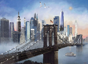 300x221 New York Skyline Brooklyn Bridge Freedom Tower Painting Giclee - New York Cityscape Painting