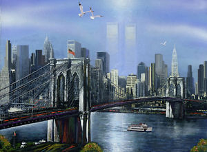 300x221 New York Skyline Brooklyn Bridge Twin Towers Painting Giclee - New York Cityscape Painting