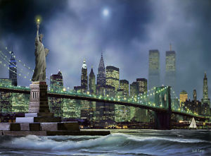 300x221 New York Skyline Statue Of Liberty Brooklyn Bridge Painting 16x20 - New York Cityscape Painting
