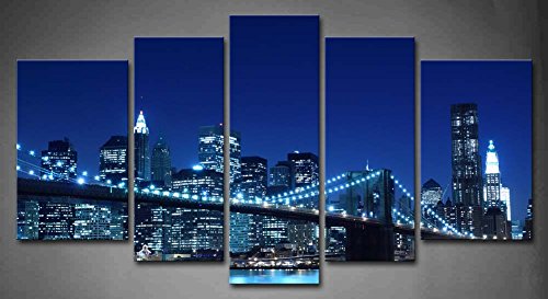 500x273 5 Panel Wall Art Blue Brooklyn Bridge Manhattan - New York Cityscape Painting