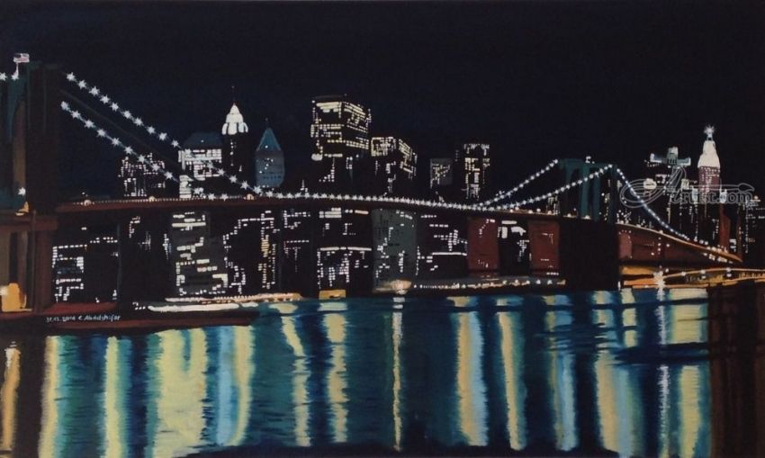 850x509 New York's Brooklin Bridge By Night Paintings By Claudia Luethi - New York Night Painting