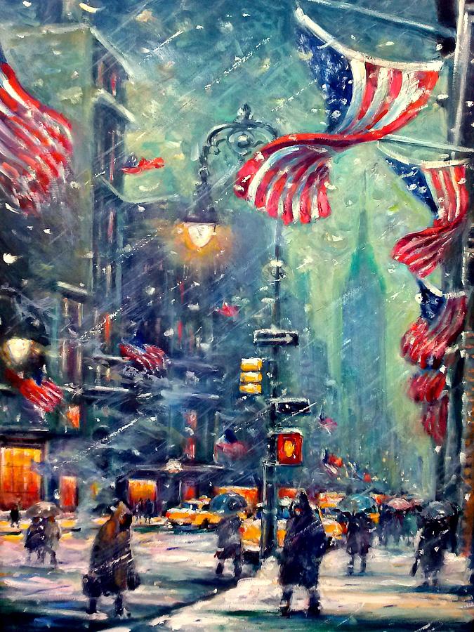 675x900 New York Snowy Night Painting By Philip Corley - New York Night Painting