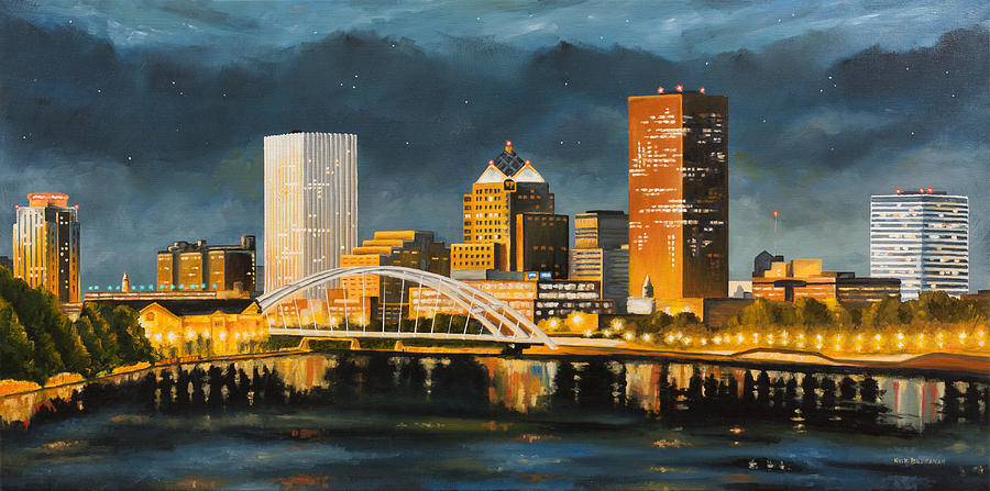 900x447 Rochester New York Skyline At Night Painting By Nick Buchanan - New York Night Painting