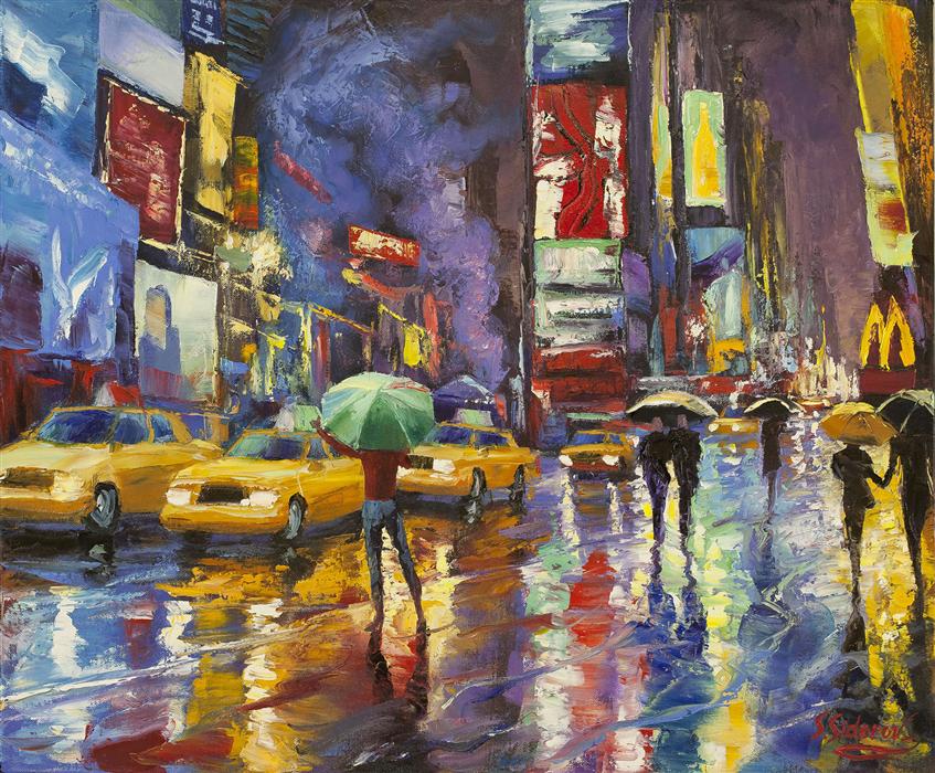 847x700 Green Umbrella, Rainy Day New York Stanislav Sidorov - New York Oil Painting