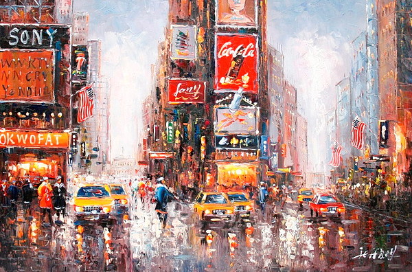 600x396 New York City Streets Time Square Taxi Oil Painting Painting By Mr Lin - New York Oil Painting