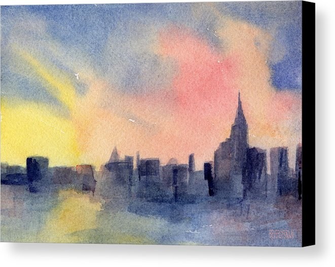 661x527 New York Skyline Empire State Building Pink And Yellow Watercolor - New York Skyline Canvas Painting