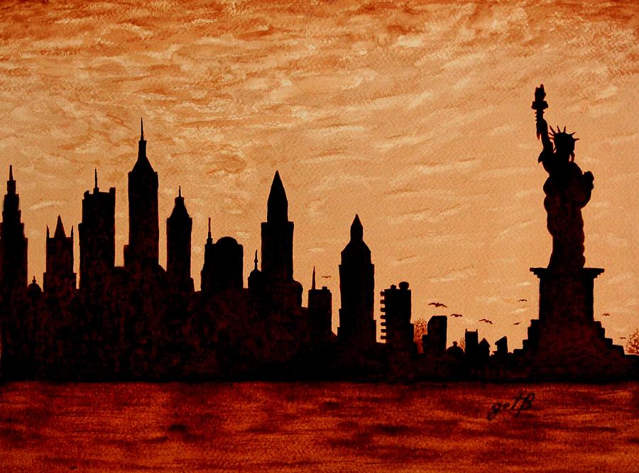 900x667 New York City Sunset Silhouette Painting By Georgeta Blanaru - New York Skyline Silhouette Painting