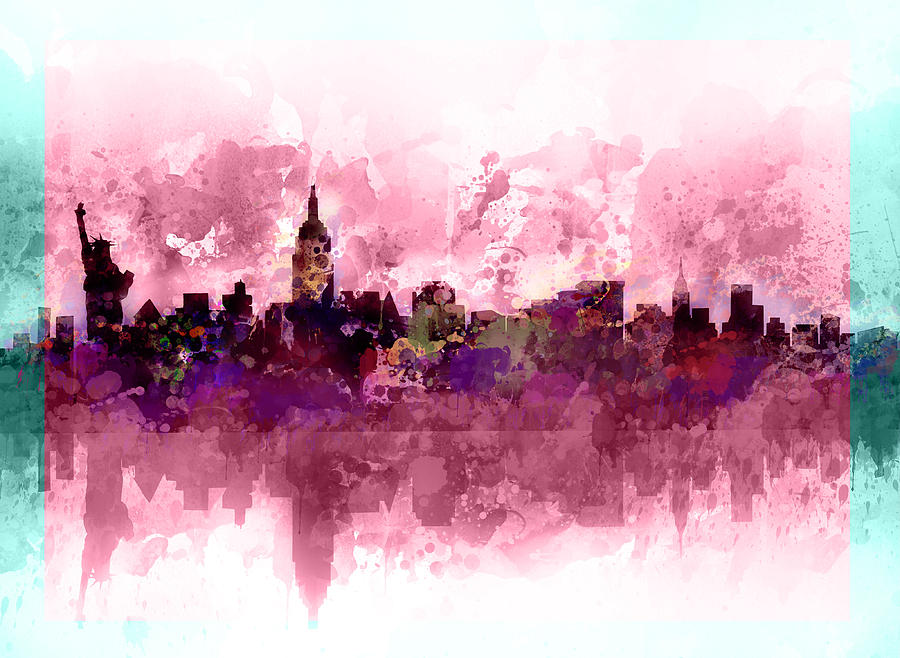 900x658 New York Skyline Purple Painting By Bekim Art - New York Skyline Silhouette Painting