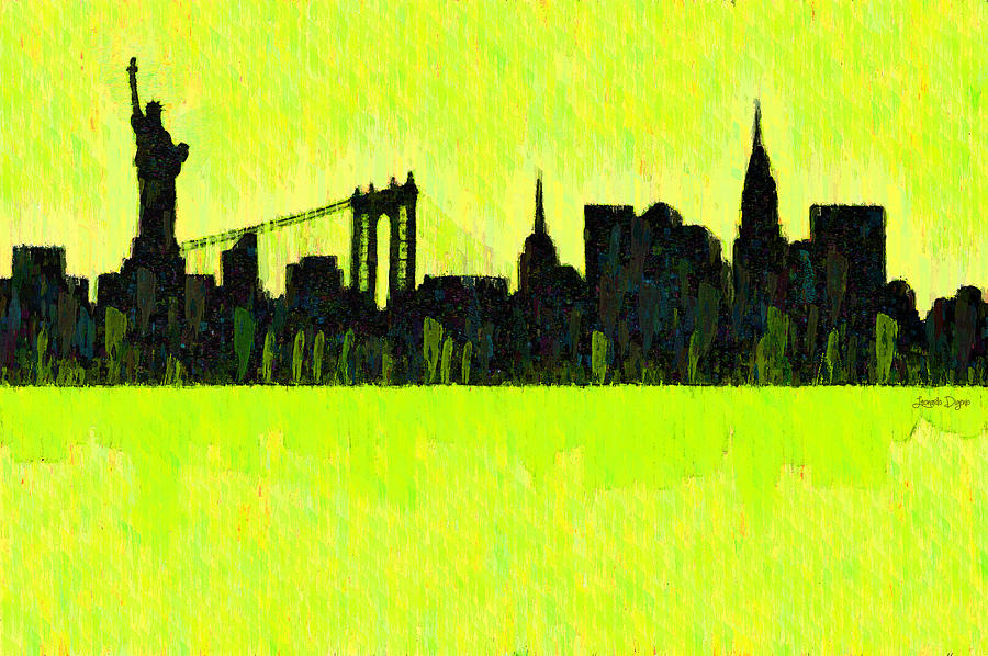 900x598 New York Skyline Silhouette Yellow Green - New York Skyline Silhouette Painting